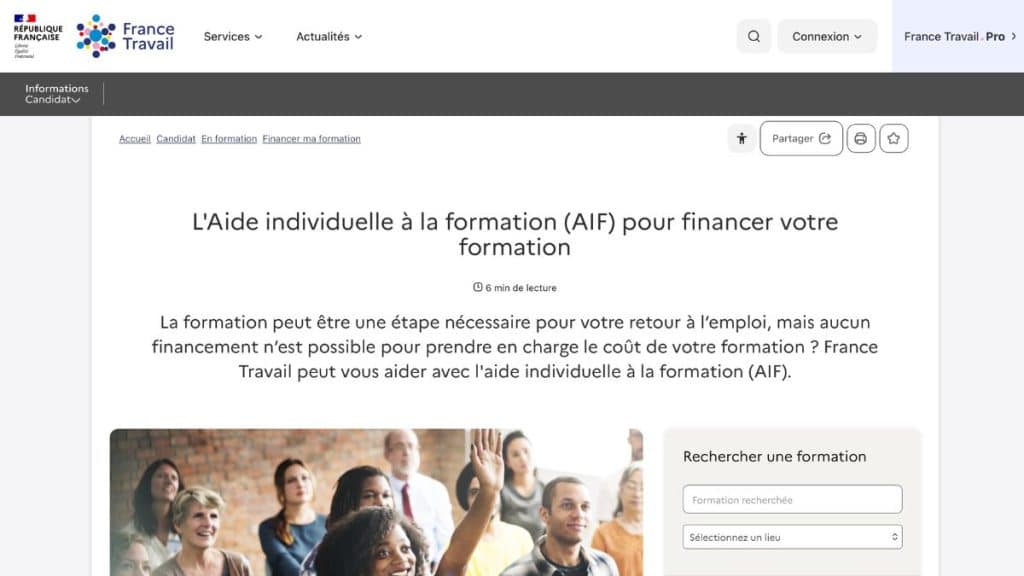Page officielle France Travail présentant l'Aide Individuelle à la Formation (AIF) pour financer une formation