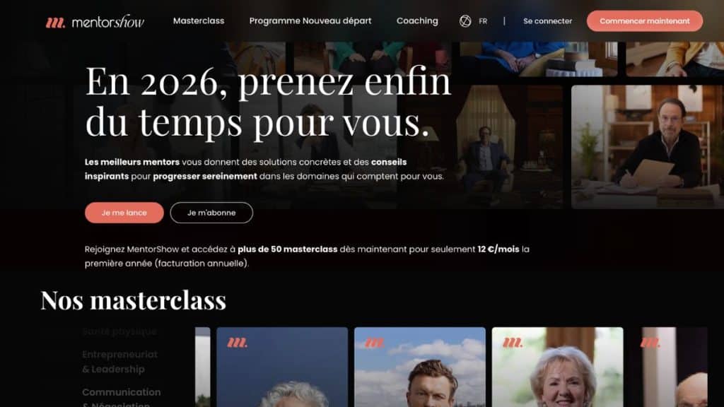 Page d'accueil de MentorShow présentant son offre de masterclass à 12 €/mois