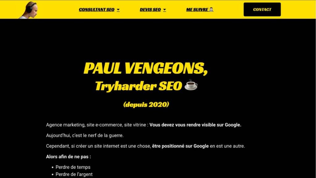 page d’accueil de Paul Vengeons consultant SEO tryharder avec présentation de ses services en référencement naturel et visibilité Google