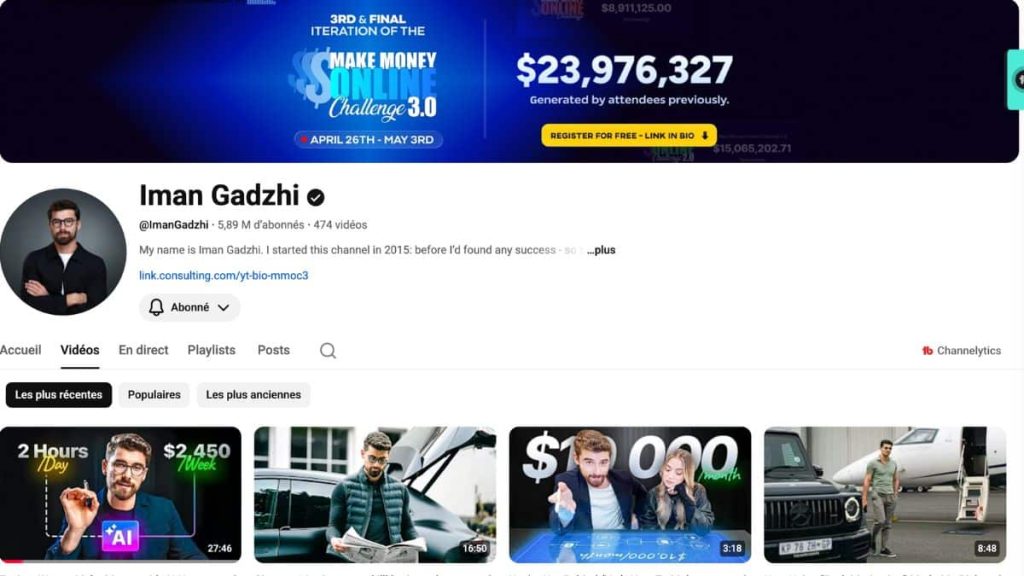 Chaîne YouTube d'Iman Gadzhi avec 5,89 millions d'abonnés et bannière Make Money Online Challenge