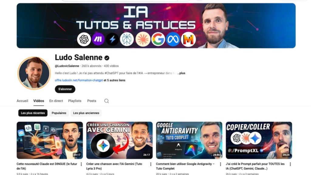 Chaîne YouTube de Ludo Salenne avec 260 000 abonnés, spécialisée dans les tutoriels et astuces IA