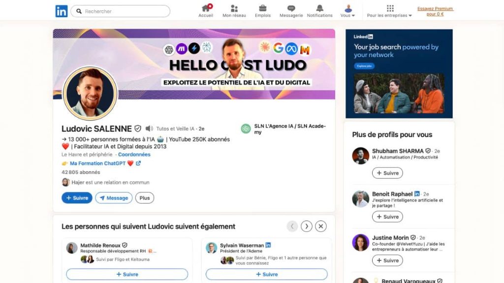 Profil LinkedIn de Ludovic Salenne, facilitateur IA et digital depuis 2013, CEO de SLN L'Agence IA