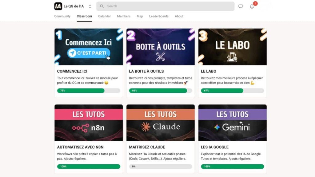 Classroom du QG de l'IA  sur Skool avec les modules Boite à Outils, Le Labo, Automatisez avec N8N, Maîtrisez Claude et Les IA Google