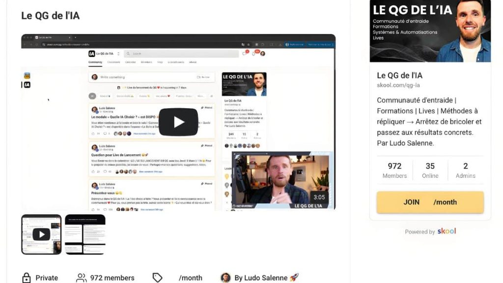 Le QG de l'IA de Ludo Salenne, communauté d'entraide et de formations IA sur Skool avec 972 membres