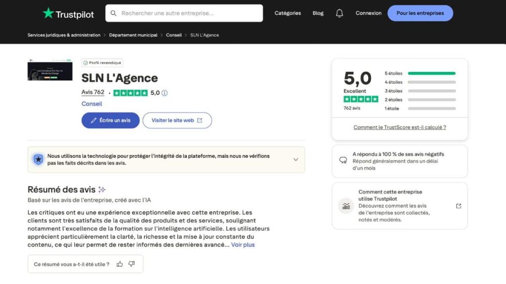 Avis Trustpilot de SLN L'Agence  avec une note de 5,0 sur 762 avis clients