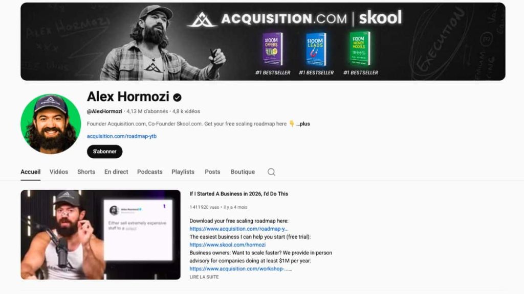 Chaîne YouTube officielle d'Alex Hormozi avec les couvertures des livres $100M Offers, $100M Leads et $100M Money Models