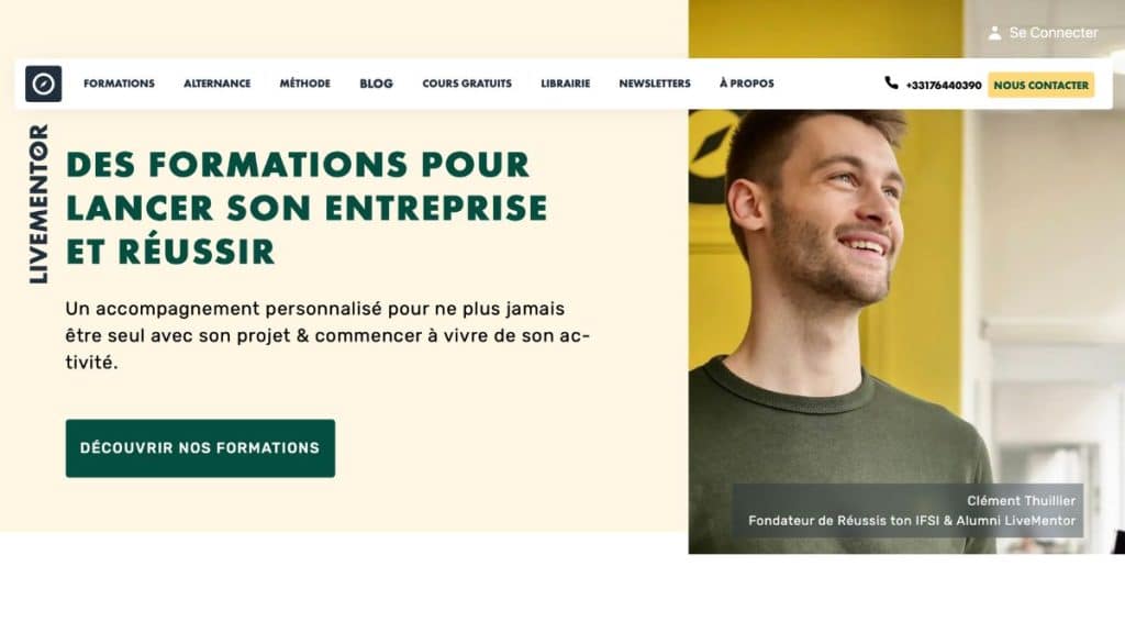 LiveMentor vs Udemy - Page d’accueil LiveMentor présentant ses formations pour lancer et développer une entreprise