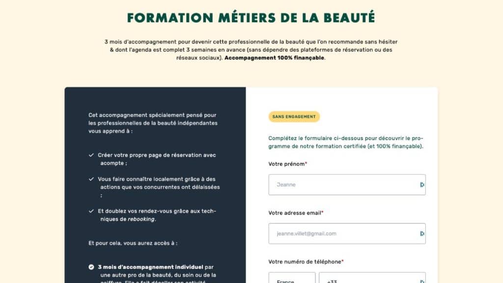 Page de la formation Métiers de la beauté LiveMentor avec trois mois d’accompagnement et formulaire d’inscription