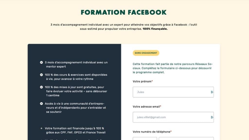 Page de présentation de la formation Facebook LiveMentor avec accompagnement individuel et financement possible