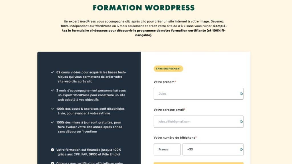 Page officielle de la formation WordPress LiveMentor avec 82 cours vidéo et 3 mois d’accompagnement personnalisé