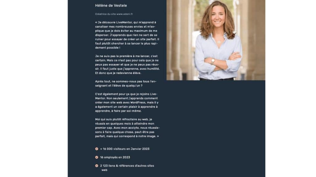 Témoignage d’une entrepreneuse formée à WordPress par LiveMentor avec plus de 16 000 visiteurs mensuels annoncés pour son site Edeni