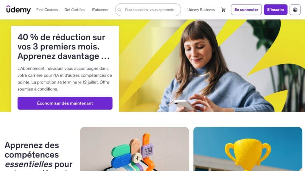 LiveMentor vs Udemy - Page d’accueil Udemy présentant son abonnement et son catalogue de formations en ligne