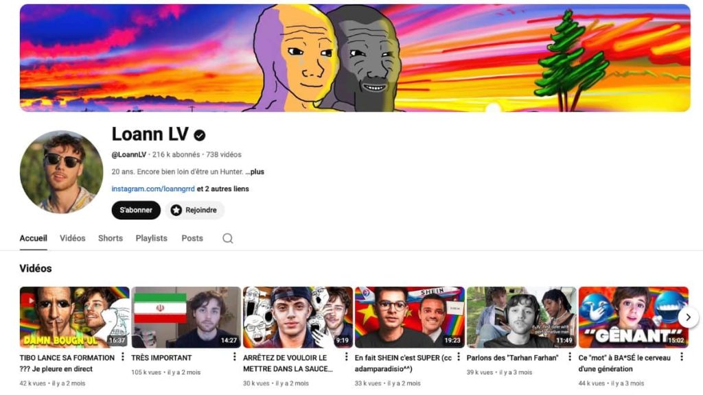 Chaîne YouTube de Loann LV avec 216 000 abonnés et 738 vidéos publiées