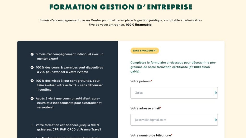 Formation Gestion d'Entreprise LiveMentor : programme et financement CPF, FAF, OPCO, France Travail