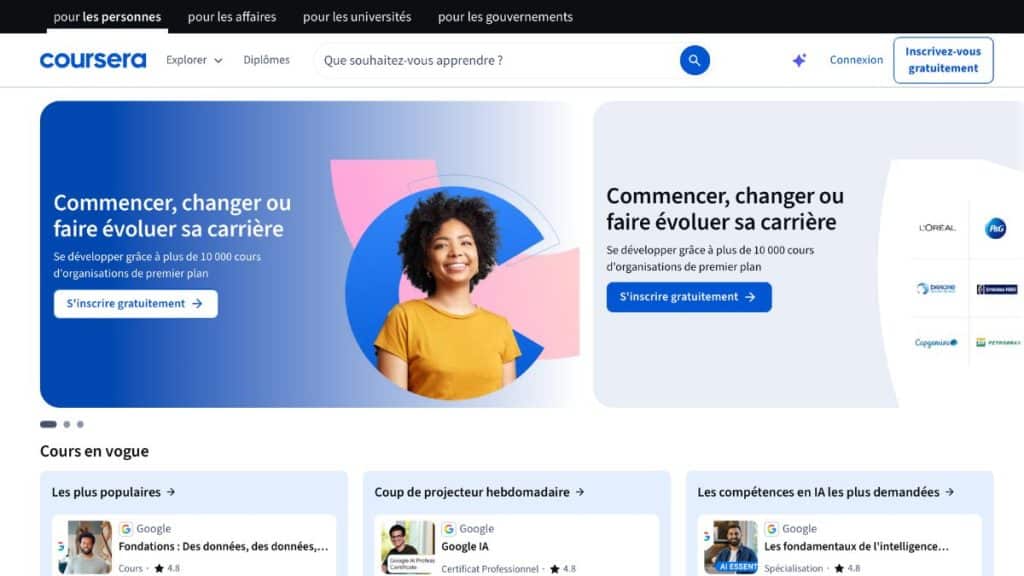 Coursera avis, page d'accueil de la plateforme avec plus de 10 000 cours en ligne