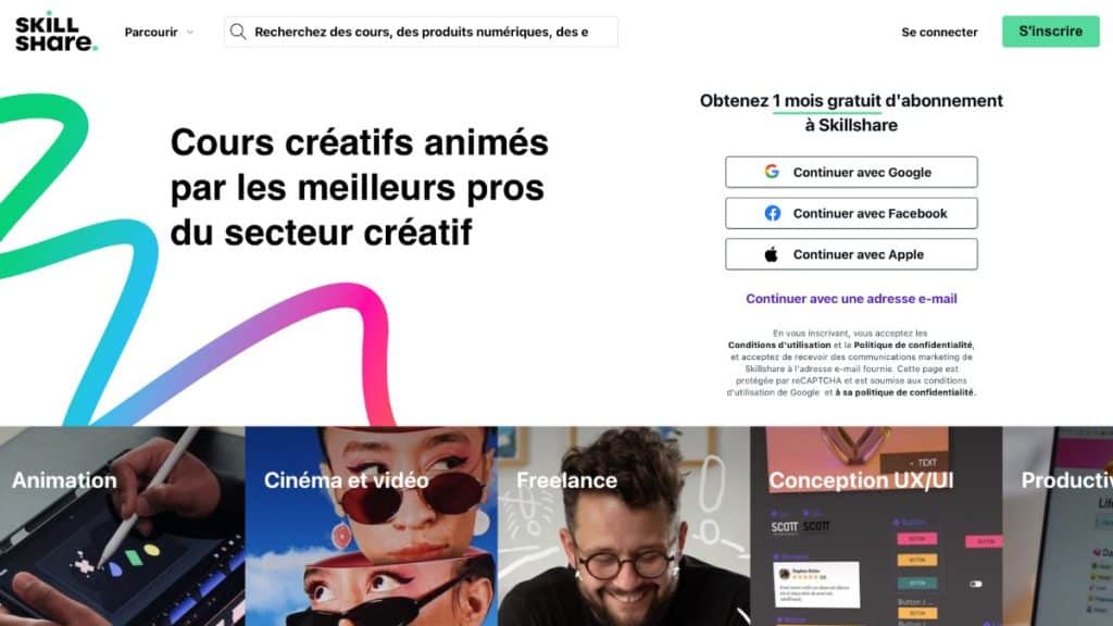 Skillshare avis, page d'accueil de la plateforme de cours créatifs en français